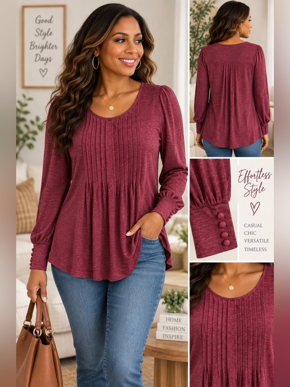 Women’s Burgundy Pintuck Long Sleeve Blouse Size Medium Rayon Blend Boho